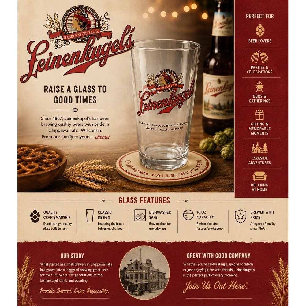 Leinenkugel Brewing Company Pint Glass Chippewa Falls Wisconsin Beer Barware